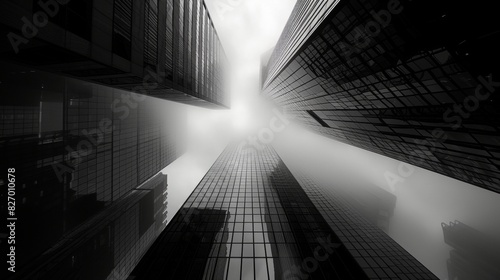 Abstract city, black building in the center of the composition has a radiance of light