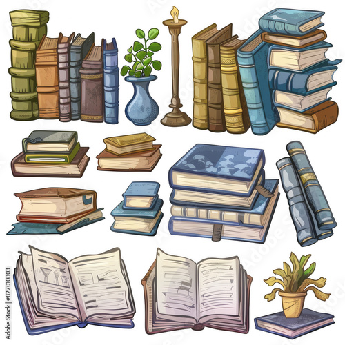 Collection of vintage books and antiques. Includes stacks of books, candles, plants, and open books. Perfect for education or library themes. photo