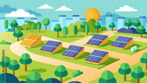 A local park transformed into a mini solar farm with rows of panels soaking up the suns rays to power the nearby homes and businesses.. Vector illustration