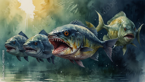 Watercolor painting: A group of piranhas waiting for their next meal, their razor-sharp teeth and fearsome reputation a testament to their predatory nature. © Jessada
