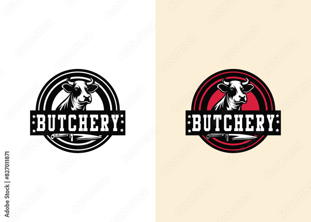 Obraz premium Butcher shop retro labels, badges, emblems, logo. Steak House, Meat shop, butchery. Meat business logo templates. Vector illustration