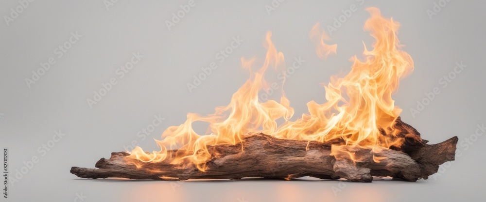 Fototapeta premium Burning driftwood log with bright flames on gray background, showcasing fire and natural elements.