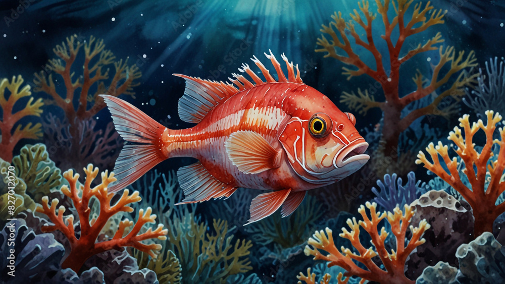 Watercolor painting: A squirrelfish hiding in the crevices of a coral reef, its large eyes and spiny fins reflecting its nocturnal lifestyle. Watercolor painting: A squirrelfish hiding in the crevices of a coral reef, its large eyes and spiny fins reflecting its nocturnal lifestyle.