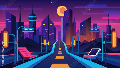 Take a break from the hustle and bustle of city life at the VR parks urban fitness trail where virtual buildings and streetlights create a futuristic. Vector illustration