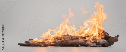 Burning driftwood log with bright flames on a seamless gray background, showcasing fire and natural elements.