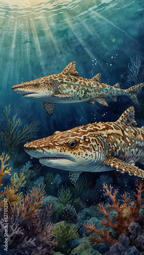 Watercolor painting: A spotted wobbegong shark camouflaged on the ocean floor, its intricate pattern and ambush hunting technique a fascinating example of adaptation. photo