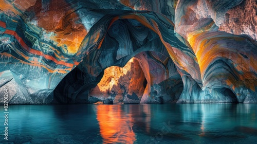 Marble Cathedral Photography Capturing the vibrant hues and unique formations of a natural marble rock structure in General Carreras Lake photo