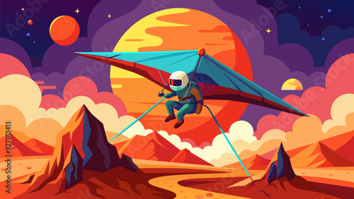 Explore a virtual alien planet by hang gliding through its colorful skies the intense cardio workout making you feel like an intergalactic adventurer.. Vector illustration
