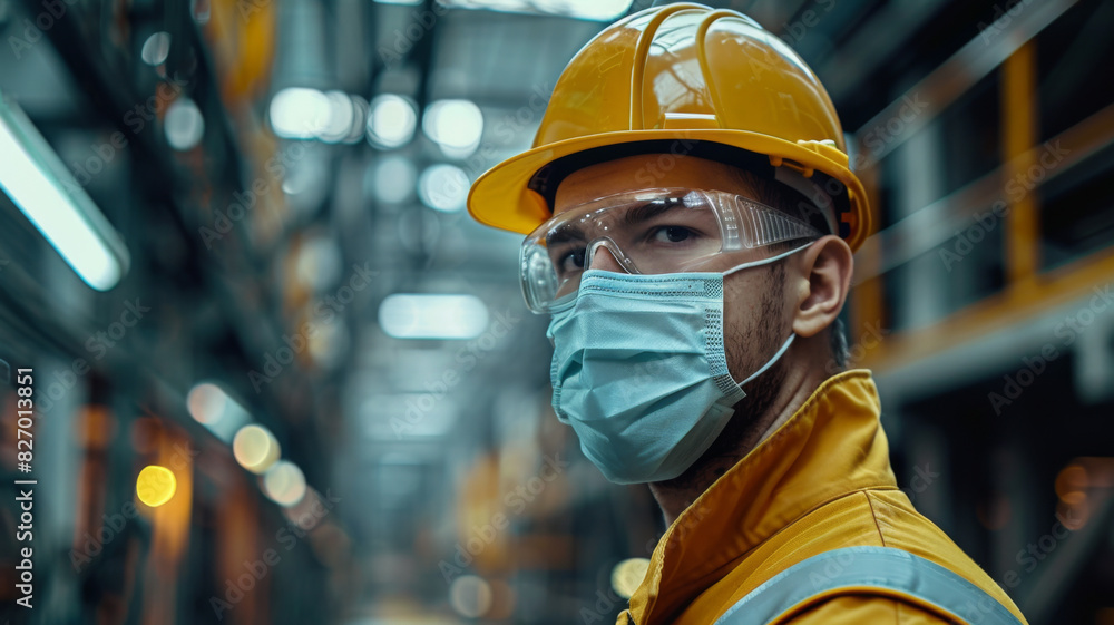 Serious male factory worker in yellow safety helmet and protective face mask, focusing on his job. Serious male factory worker in yellow safety helmet and protective face mask, focusing on his job.