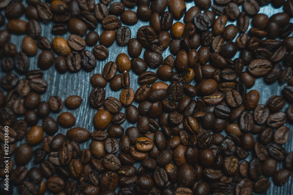 Fototapeta premium Colorful background with coffee beans in close-up