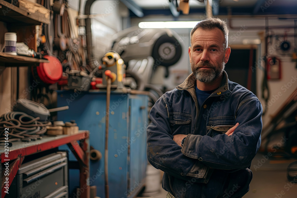 Skilled car mechanic leaning on a vehicle in a garage Skilled car mechanic leaning on a vehicle in a garage