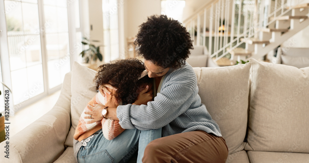 Mother, child and sad on sofa with comfort for mental health support, depression and parenting in living room of home. Family, mom and girl kid or hug with regret for conflict, argument or punishment Mother, child and sad on sofa with comfort for mental health support, depression and parenting in living room of home. Family, mom and girl kid or hug with regret for conflict, argument or punishment