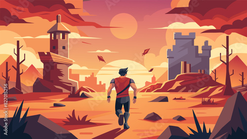 A postapocalyptic world with ruins and barren landscapes the runner facing challenges and obstacles as they try to survive in this virtual reality.. Vector illustration