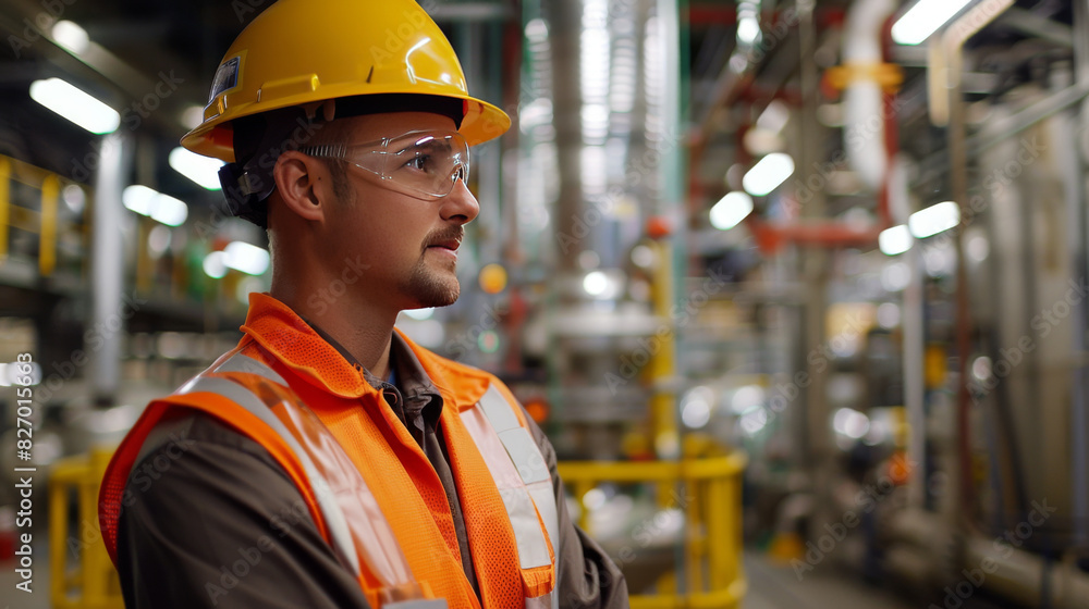 A worker wearing a hard hat and safety vest is standing in a factory, observing the industrial environment. A worker wearing a hard hat and safety vest is standing in a factory, observing the industrial environment.