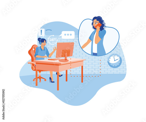 Technical support for customers 24-7. The female client is talking to the female operator on the phone. Hotline operator concept. Flat vector illustration.