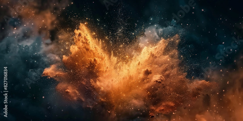 close up of an explosion in space, dark background, dust and smoke, Colorful explosion of dust and particles in blue and orange, creating a vibrant and dynamic scene with contrasting colors and intric