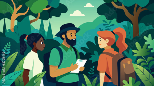 Visitors hike through a lush rainforest accompanied by a conservationist who shares how efforts to protect the area have helped the recovery of. Vector illustration