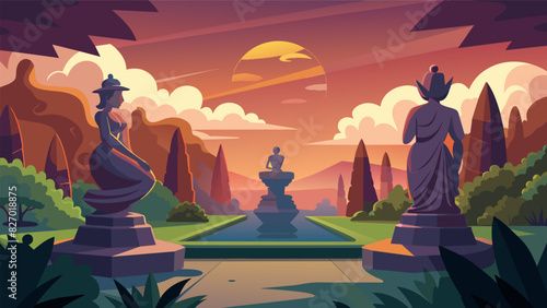 The sculptures seem to come alive as the sun sets casting dramatic shadows and offering a new perspective for your meditative journey through the. Vector illustration