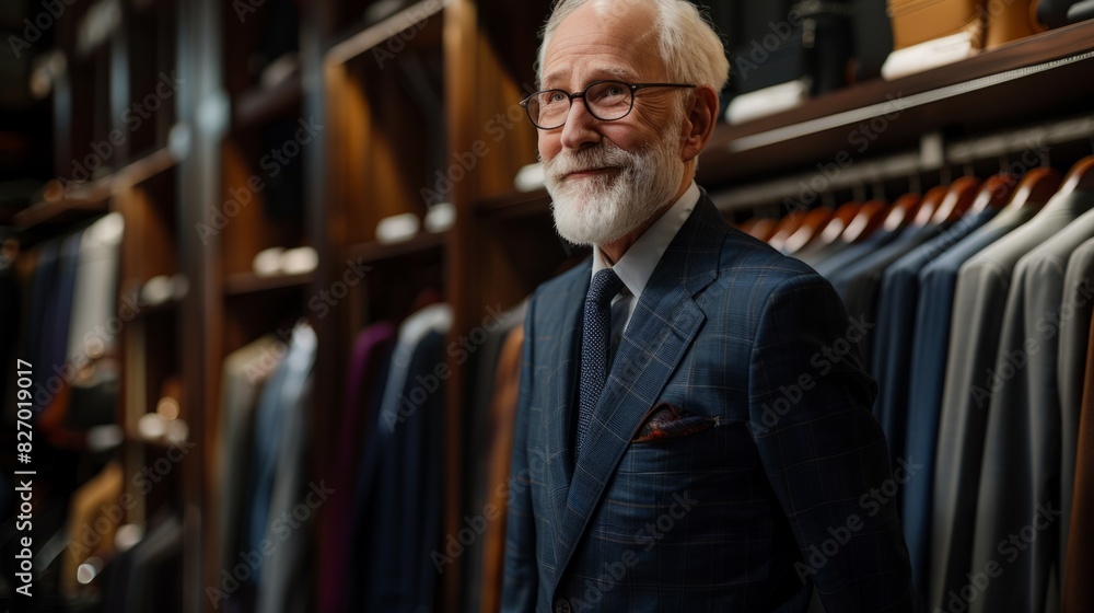 White man in tailored suit confidently viewing high-end menswear White man in tailored suit confidently viewing high-end menswear