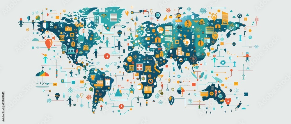 Obraz premium Global map infographic with icons representing various business, technology, and communication concepts worldwide.