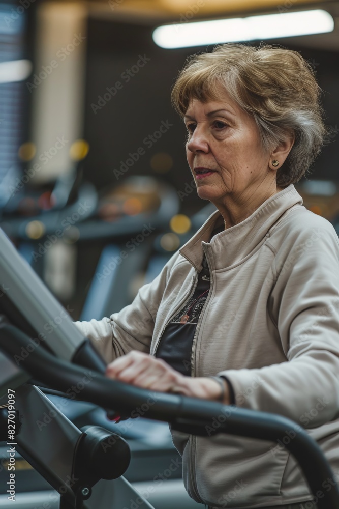 Obraz premium Older woman in sportswear exercising in a modern gym