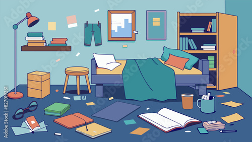 A sketch of a messy dorm room with clothes and textbooks tered on the floor and posters covering the walls.. Vector illustration