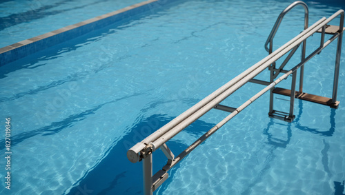 A stainless steel handrail going into a blue swimming pool.