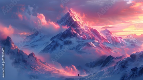 serene mountain landscape at dawn, where the sky and peaks are in soft fluffy hues of pink and blue