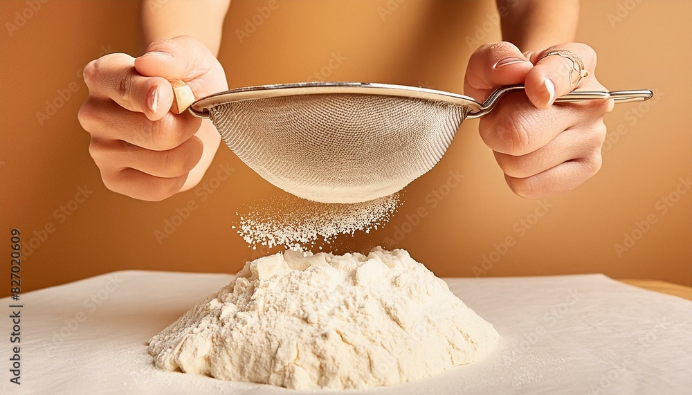hands kneading dough Close-up of hands sifting flour through a metal sieve, capturing the fine grains and motion