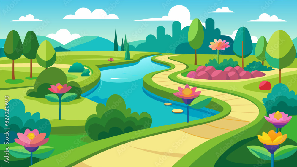 The parks once barren fields have been transformed into lush green lawns dotted with vibrant flowerbeds and winding walking paths.. Vector illustration The parks once barren fields have been transformed into lush green lawns dotted with vibrant flowerbeds and winding walking paths.. Vector illustration