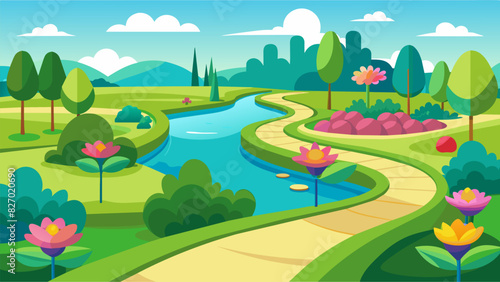 The parks once barren fields have been transformed into lush green lawns dotted with vibrant flowerbeds and winding walking paths.. Vector illustration
