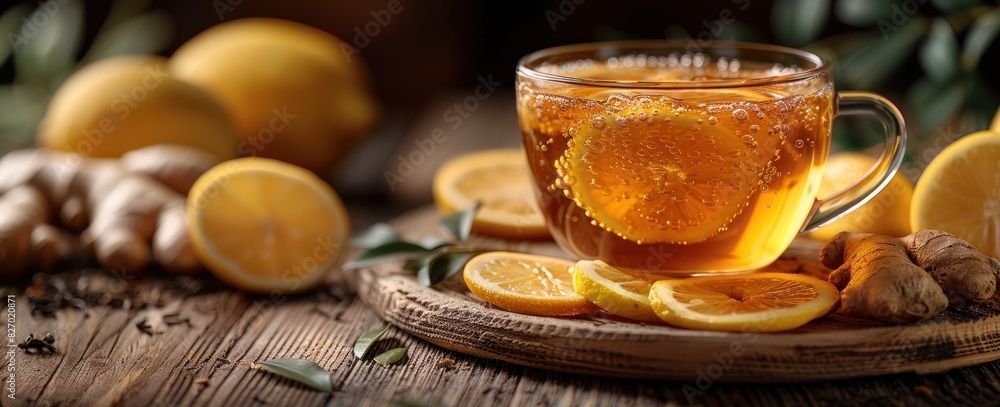 Ginger tea drink with added lemon is served in a clear cup Ginger tea drink with added lemon is served in a clear cup