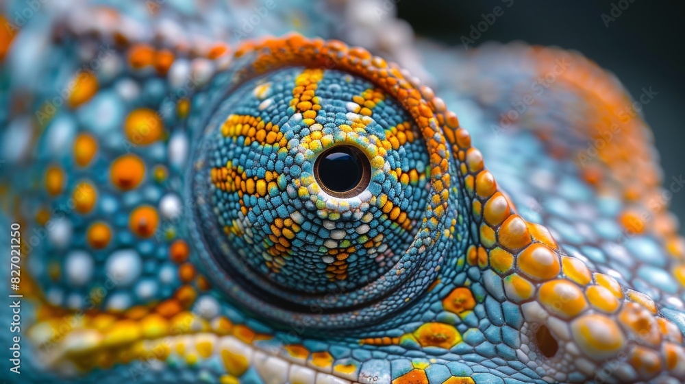 Naklejka premium Close-up of a chameleon's eye, its intricate patterns shifting and swirling as it focuses on a colorful insect