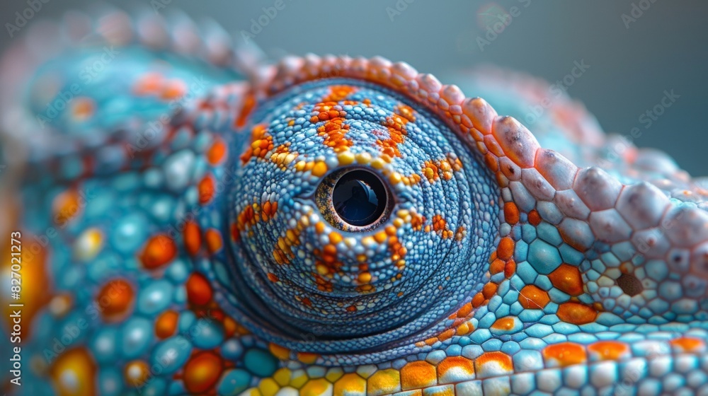 Close-up of a chameleon's eye, its intricate patterns shifting and swirling as it focuses on a colorful insect Close-up of a chameleon's eye, its intricate patterns shifting and swirling as it focuses on a colorful insect