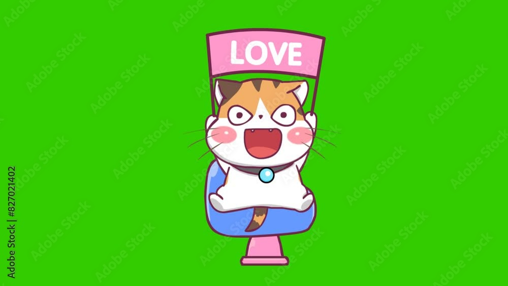 Animated Orange Cat Spinning on a Chair with Love Sign - Green Screen Animated Orange Cat Spinning on a Chair with Love Sign - Green Screen
