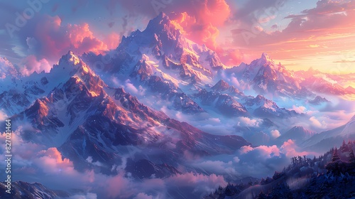 serene mountain landscape at dawn  where the sky and peaks are in soft fluffy hues of pink and blue