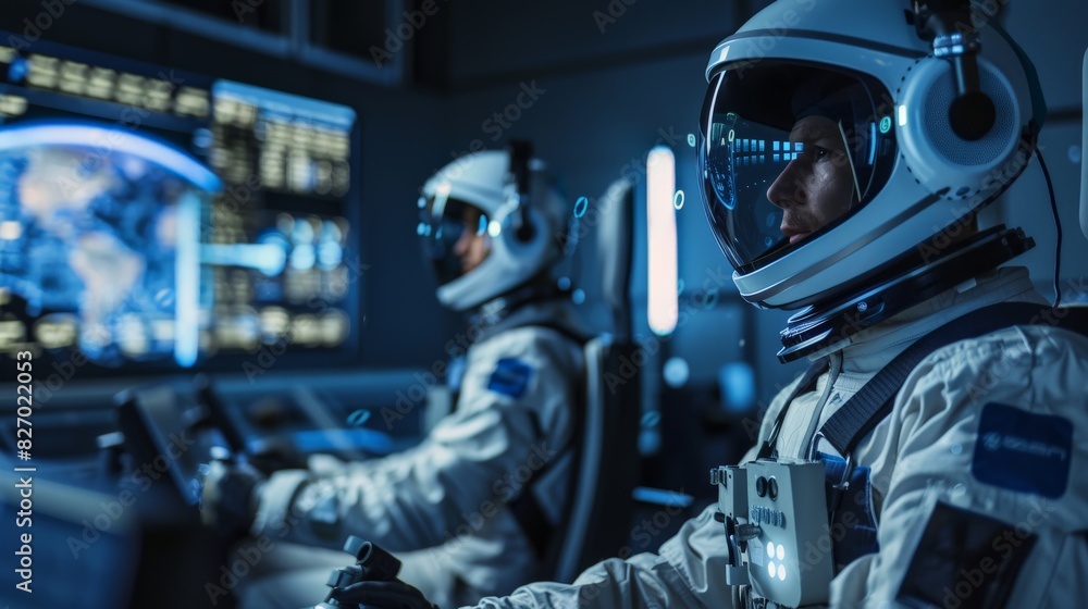 Virtual reality training simulation for astronauts, preparing them for space missions with AI guidance. Virtual reality training simulation for astronauts, preparing them for space missions with AI guidance.