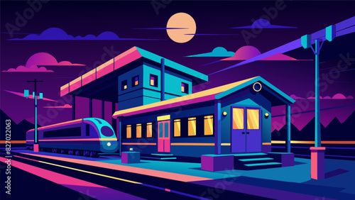 The stations neon lights lit up the night sky attracting weary travelers and locals alike to its nostalgic charm.. Vector illustration