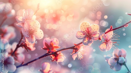 Beautiful floral spring abstract background of nature. Branches of blossoming apricot macro with soft focus on gentle light pink sky background