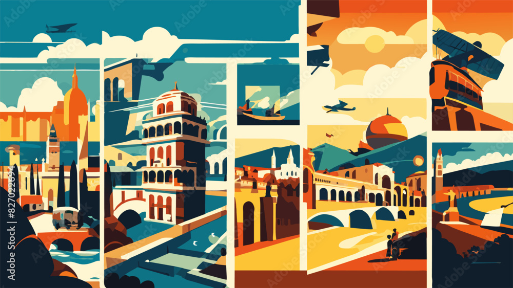 collage of vintage postcards from different places, vector illustration flat 2