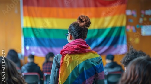 A woman wearing a rainbow scarf stands in front of a rainbow flag