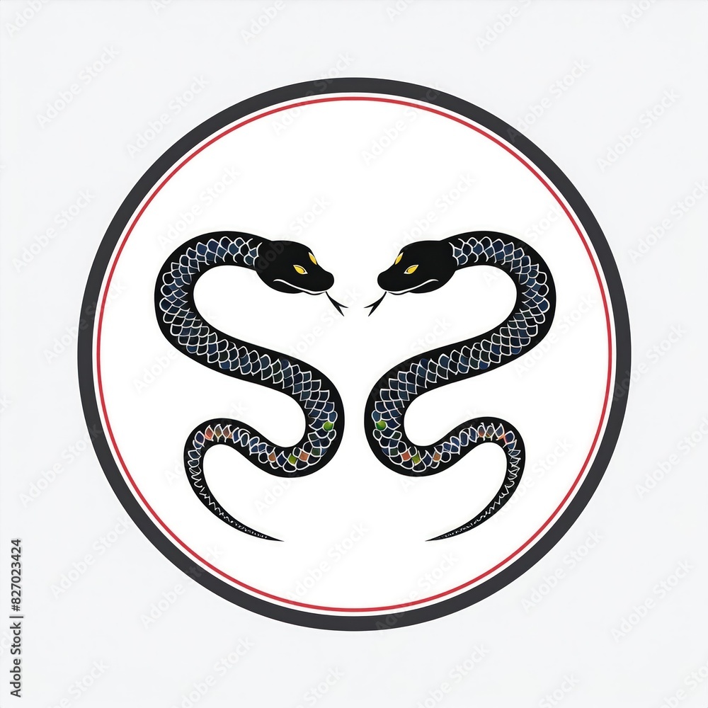 Naklejka premium symbol snake. tow snake design. chinese style snake. chinese icon circle Snake 2 head. white color and black background. snake tatto, snake art, logo snake. icon snake. yin yang snake. shio snake