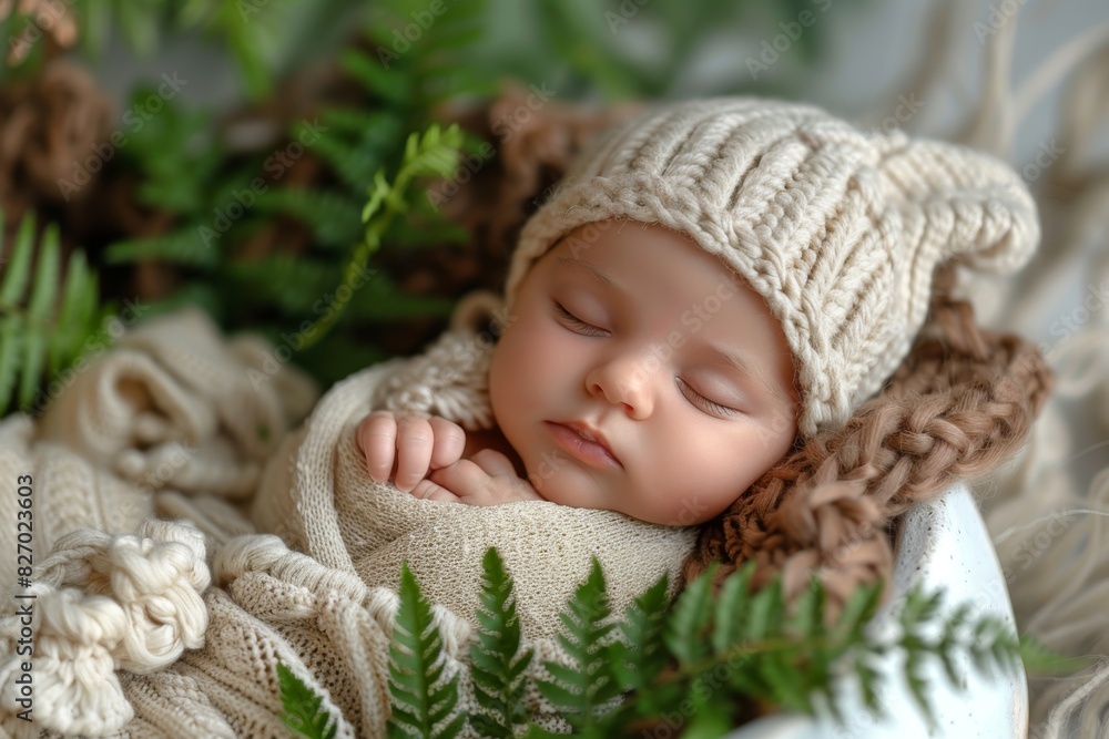 Newborn Baby Sleeping in Cozy Knitted Blanket and Hat Newborn Baby Sleeping in Cozy Knitted Blanket and Hat