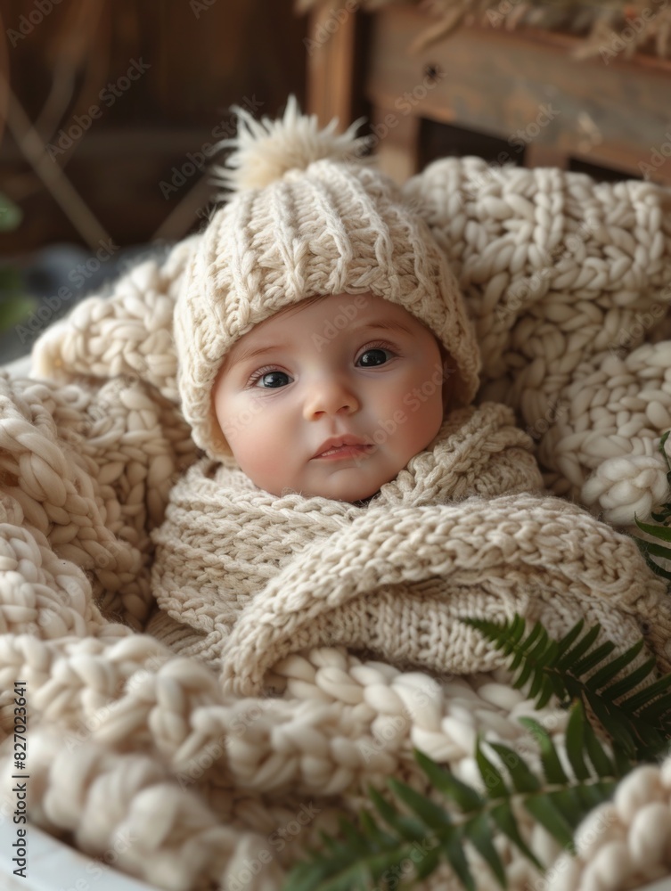 Newborn Baby Sleeping in Cozy Knitted Blanket and Hat Newborn Baby Sleeping in Cozy Knitted Blanket and Hat