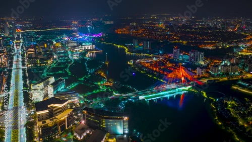 An establish aerial shot on Lentera Putrajaya Fireworks Event overseeing Saujana Bridge and Putra Mosque