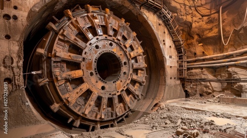 A tunnel boring machine with its giant spinning drill heads slowly carving out the path for the subway tunnel.