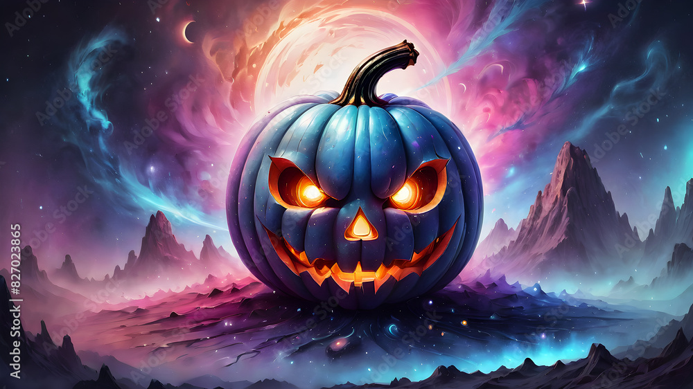 Naklejka premium Halloween pumpkin on a night space background. poster halloween celebration concept