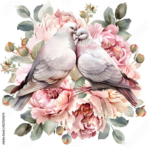 Beautiful and elegant watercolor illustration of a couple white dove wedding decoration 03
