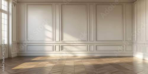 Elegant empty room with classic wall paneling and sunlight streaming through large windows, creating a sophisticated and serene atmosphere with beautiful parquet flooring.