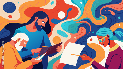 Using the ancient art of paper marbling individuals explore their inner thoughts and feelings through the fluidity and unpredictability of the medium.. Vector illustration